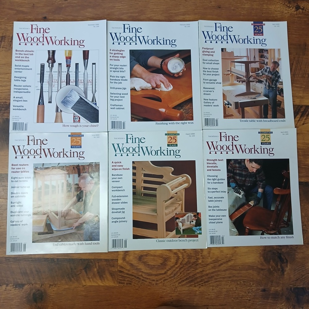 Lot Of 6 "Fine Woodworking" Magazines Issues  (#139-143, 148)  1999-2001 Vintage